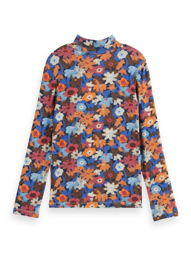 allover printed mock neck long sleeeved t shirt flowers 854674