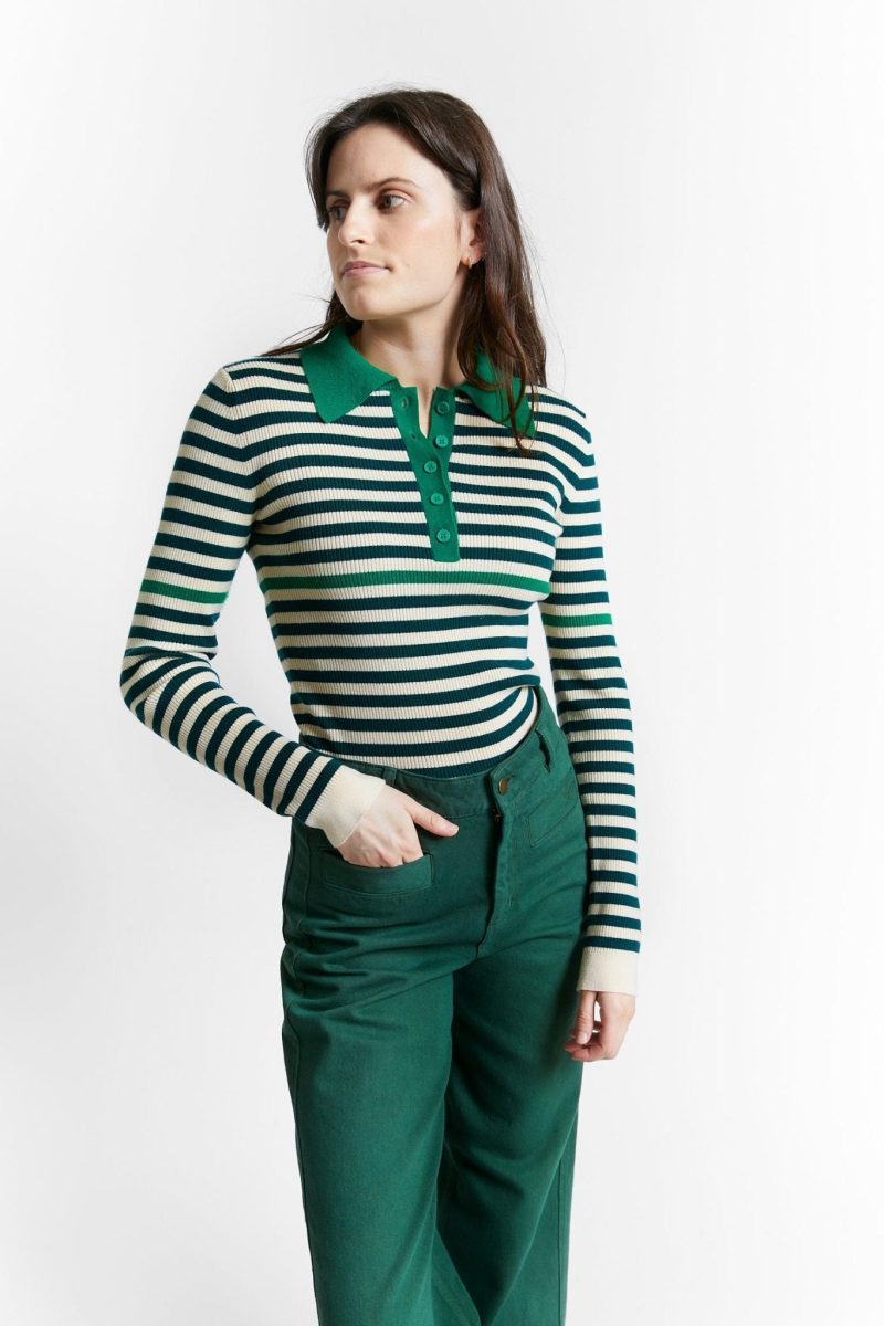 fine ribbed knitted striped polo pullover green 503448