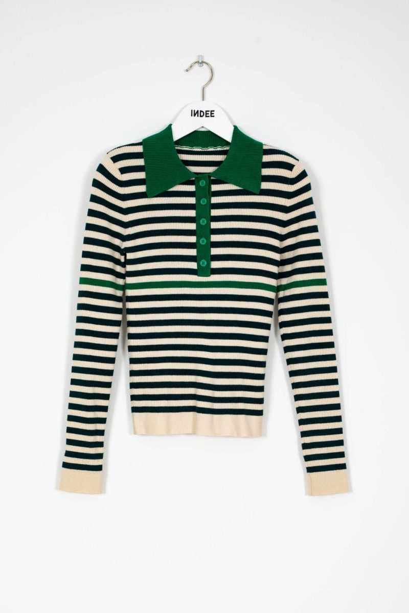 fine ribbed knitted striped polo pullover green 601677