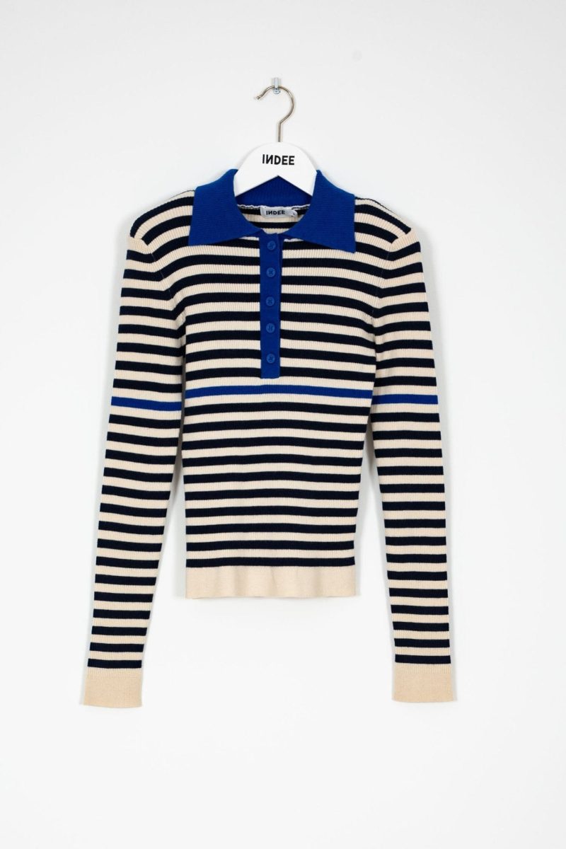 fine ribbed knitted striped polo pullover navy 355927