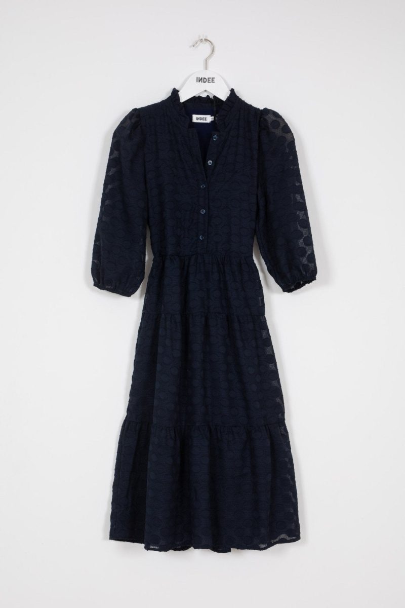 long dress with 34 sleeves collar and button navy blue 395972