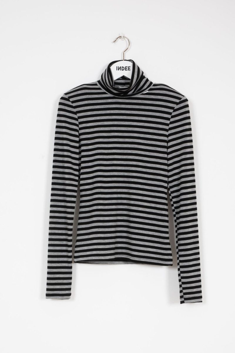 mock neck ls striped top black 297467