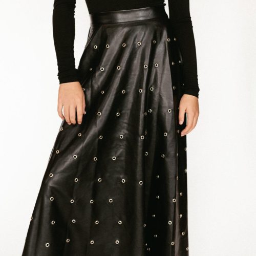 rings black leather maxi skirt black 429357