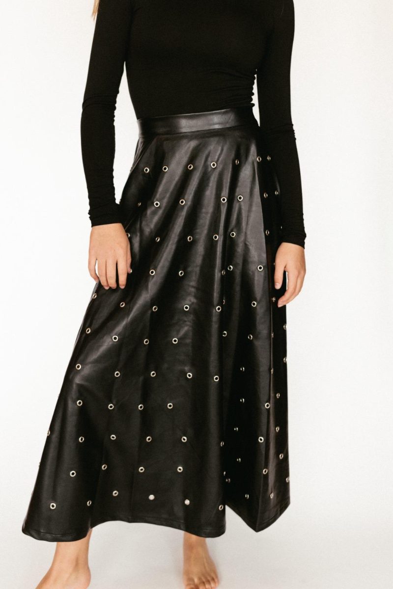 rings black leather maxi skirt black 429357